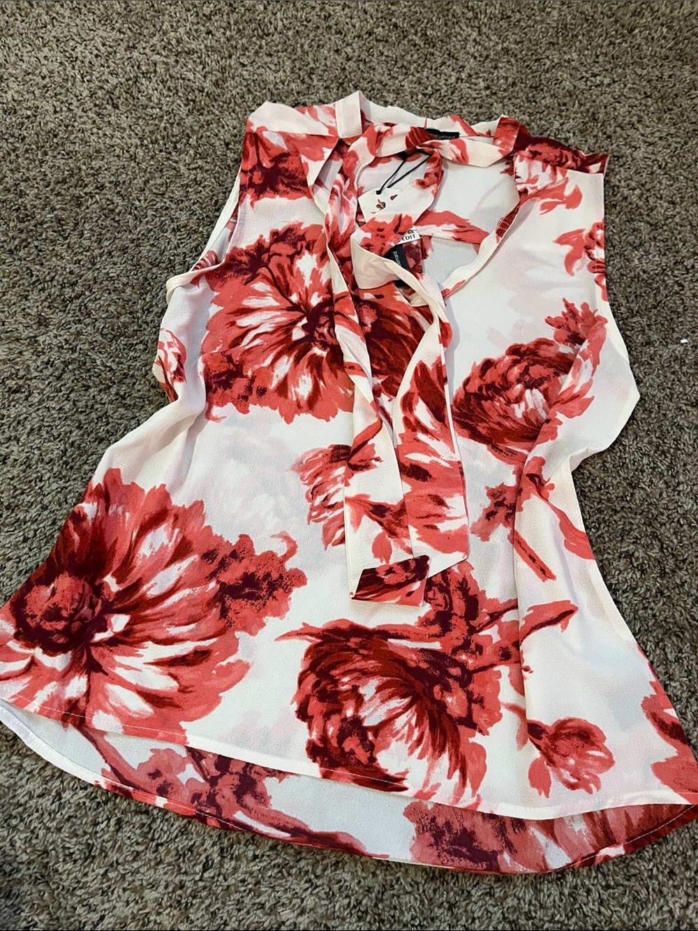 Harve Benard White Sleeveless Floral Tie-Neck Camisole with Red Blooms